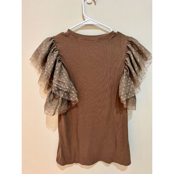 Ribbed Brown Top With Polka Dot Mesh Ruffle Sleeves Short-Sleeve Stretchy Size M - Picture 4 of 6